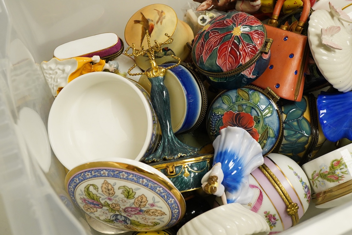 A collection of various shaped china pill boxes, Limoges, Aynsley etc